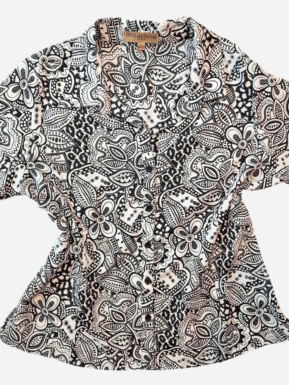 Y2k Notations Petite L Black & White Floral Paisley Button-Front Top Retro Chic